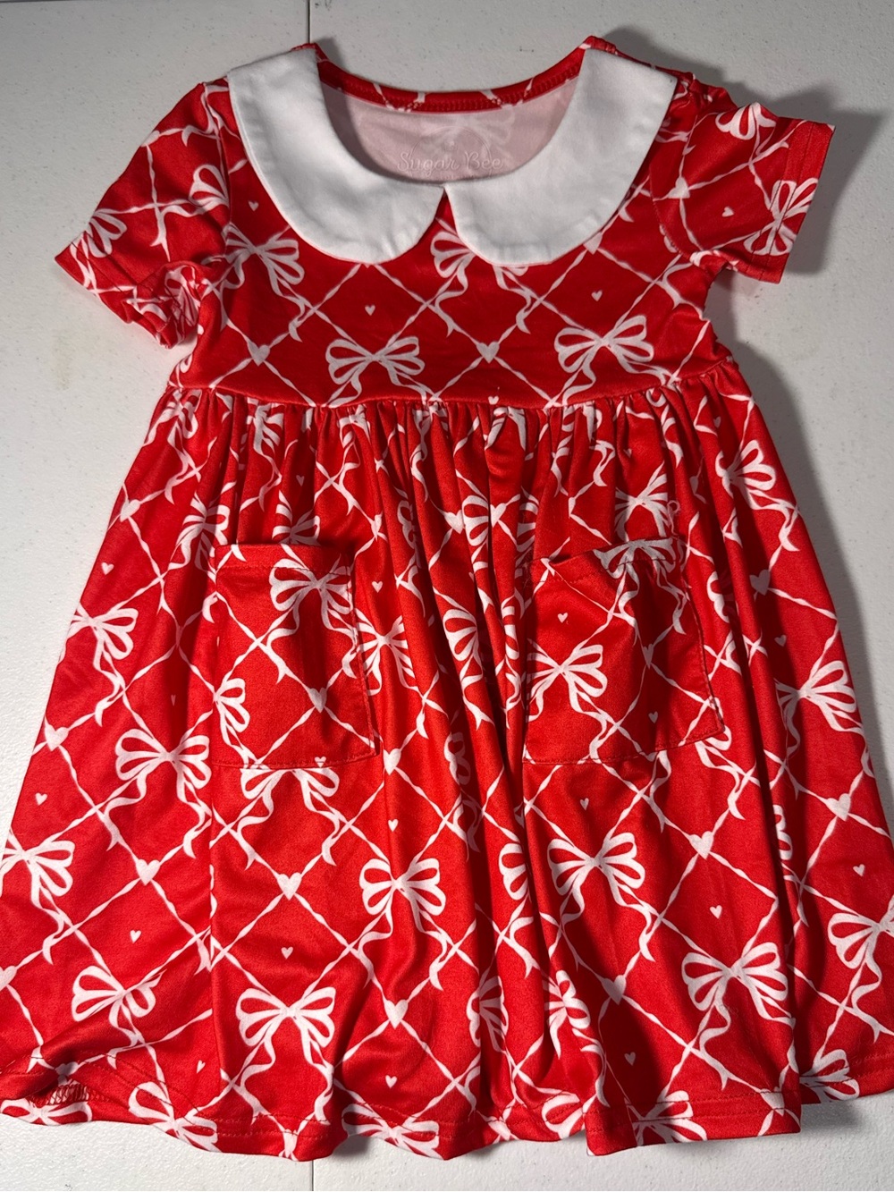 Sugar Bee Red Dress with White Bow Lattice and Peter Pan Collar